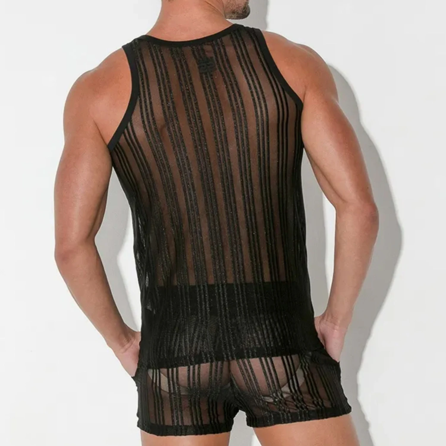 Code 22 - Mesh Pinstripe Tank Top - Black 2 Code 22 - Mesh Pinstripe Tank Top - Black - Image 2