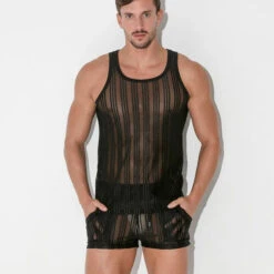 Code 22 - Mesh Pinstripe Tank Top - Black 5 Code 22 - Mesh Pinstripe Tank Top - Black -Men Swimwear Store 68566 LS 68668.1684208041
