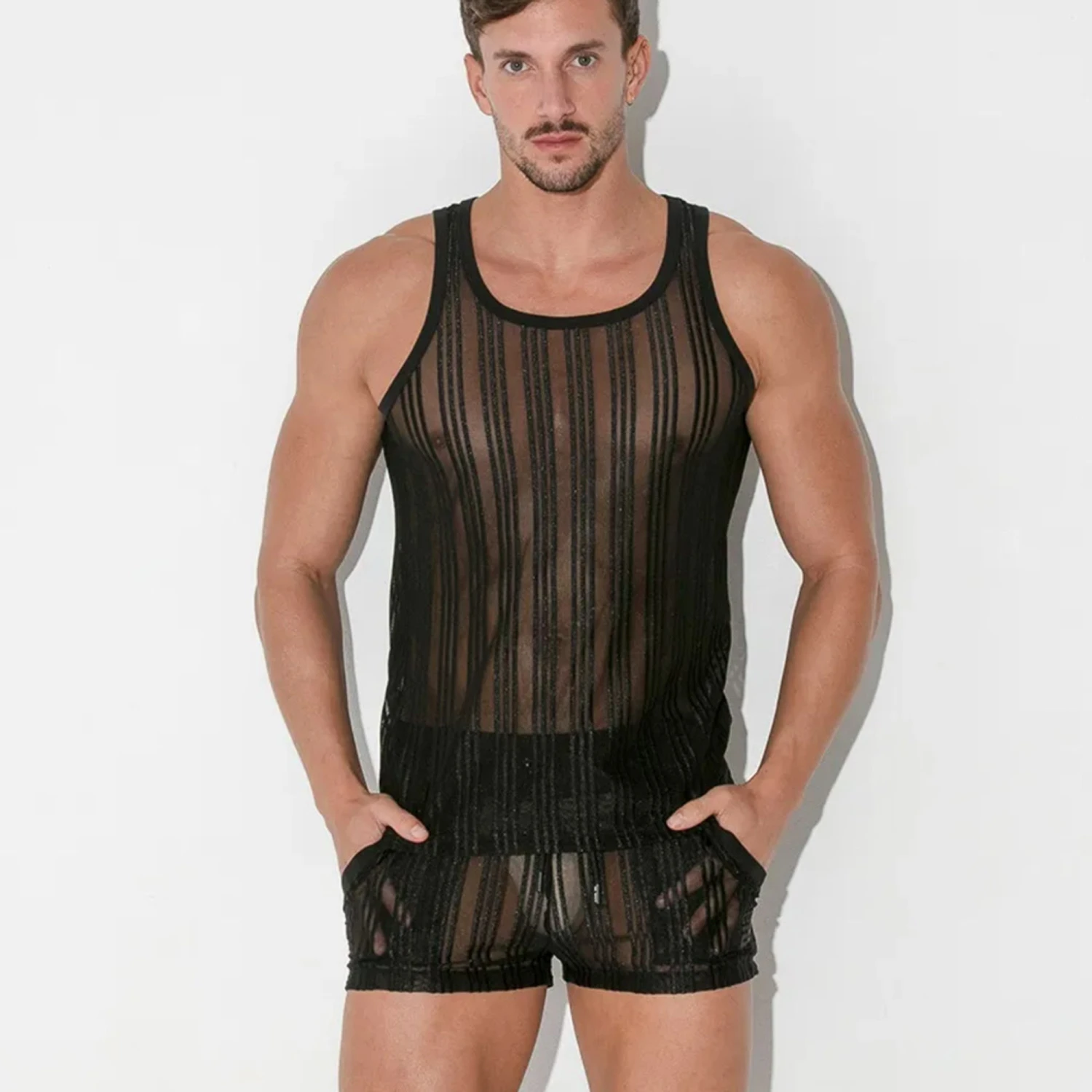 Code 22 - Mesh Pinstripe Tank Top - Black 3 Code 22 - Mesh Pinstripe Tank Top - Black - Image 3