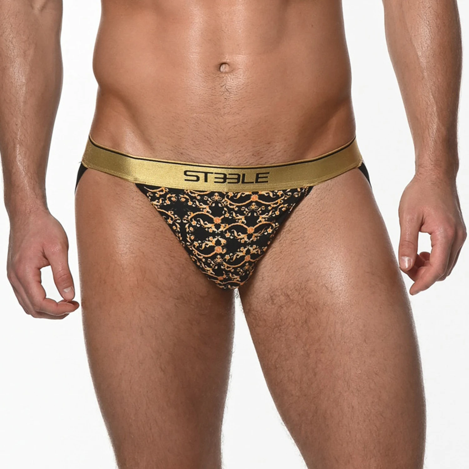 St33le - Cotton Print Low Rise Jockstrap - Black/Gold Filigree 1 St33le - Cotton Print Low Rise Jockstrap - Black/Gold Filigree